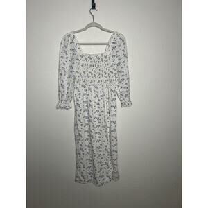 House Of Harlow 1960 Linen Smocked Floral Blue White Midi Dress Cottagecore Sz S
